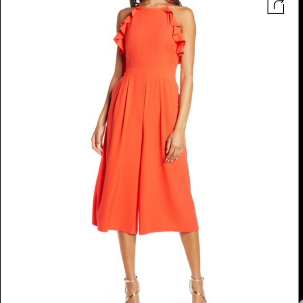 Vince Camuto Ruffled Halter Neck Wide Leg Red Jumpsuit Size 4 - Picture 1 of 9